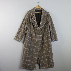 Able Women's Trench Coat 1X Brown Plaid Cotton Long Sleeve Luxury Classy 1258